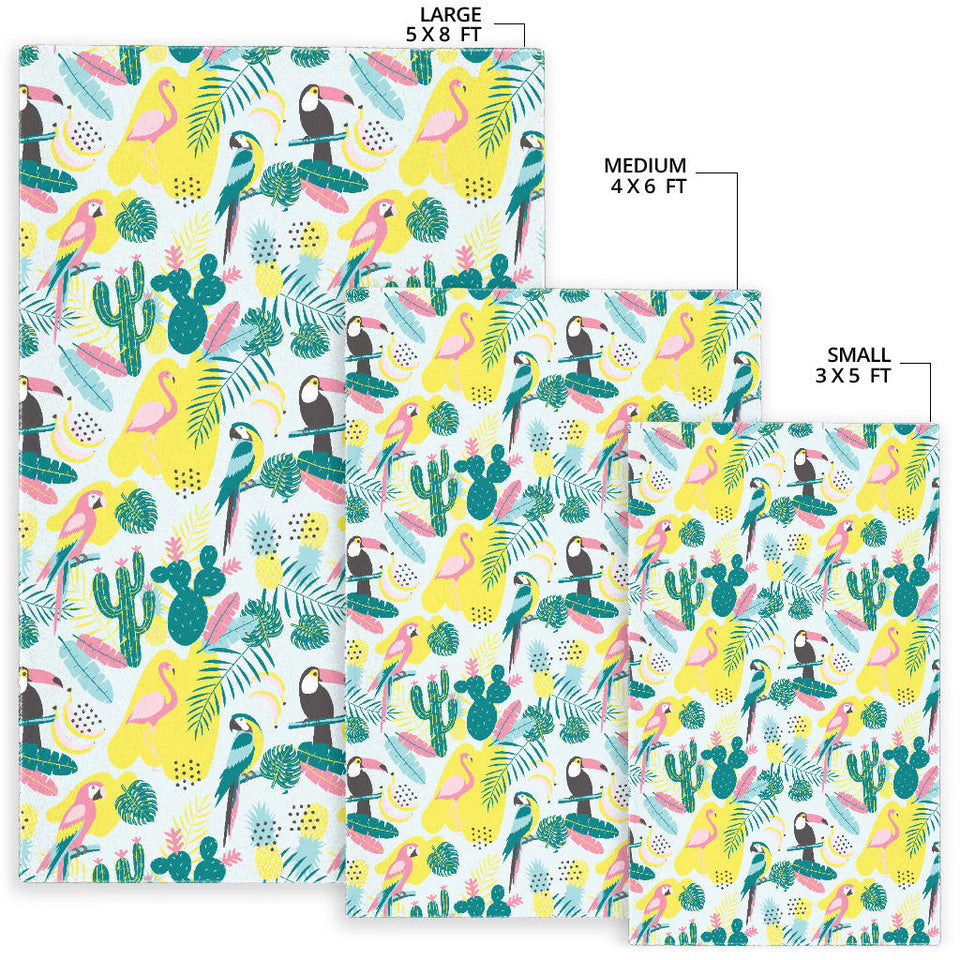 Cute Parrot Toucan Flamingo Cactus Exotic Leaves Pattern Area Rug