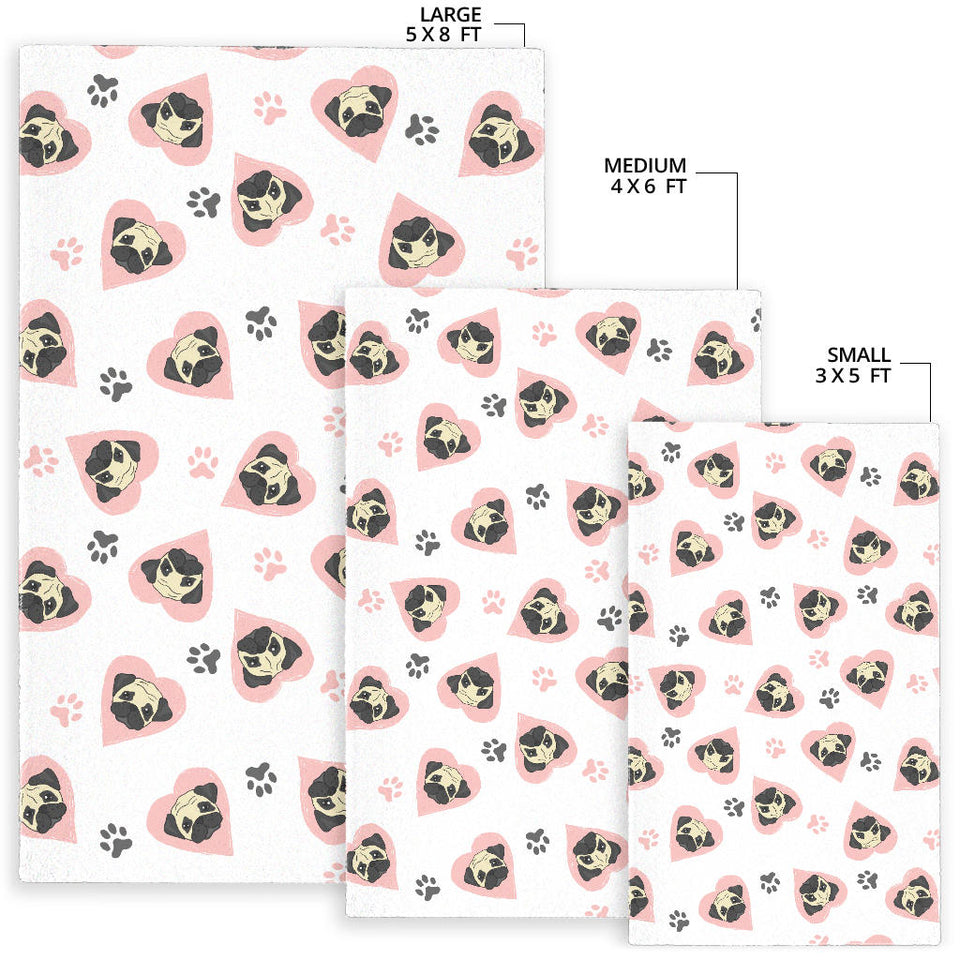 Cute Pugs Pink Heart Paw Pattern Area Rug