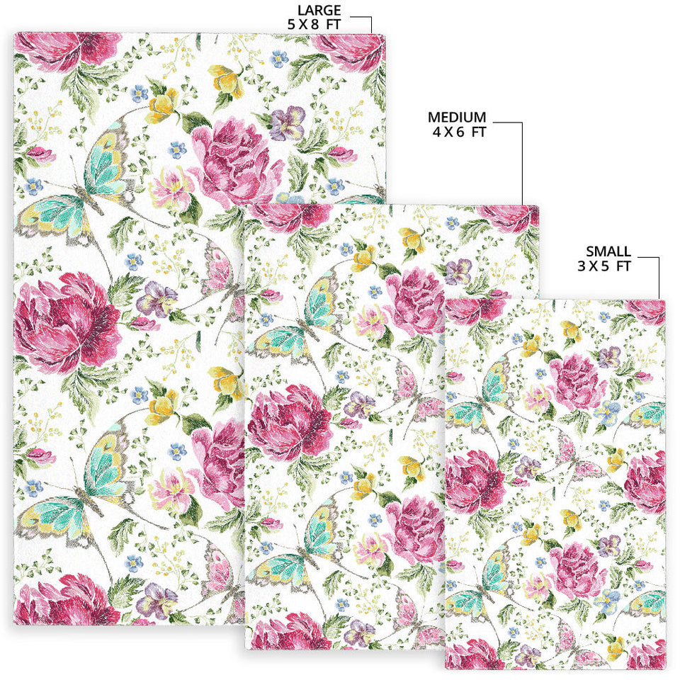 Hand Drawn Butterfly Rose Area Rug