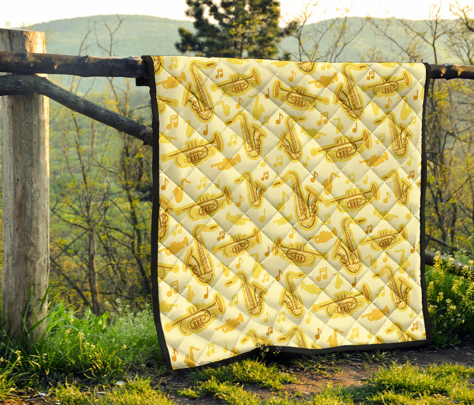 Saxophone Cornet Pattern Yellow Background Premium Quilt