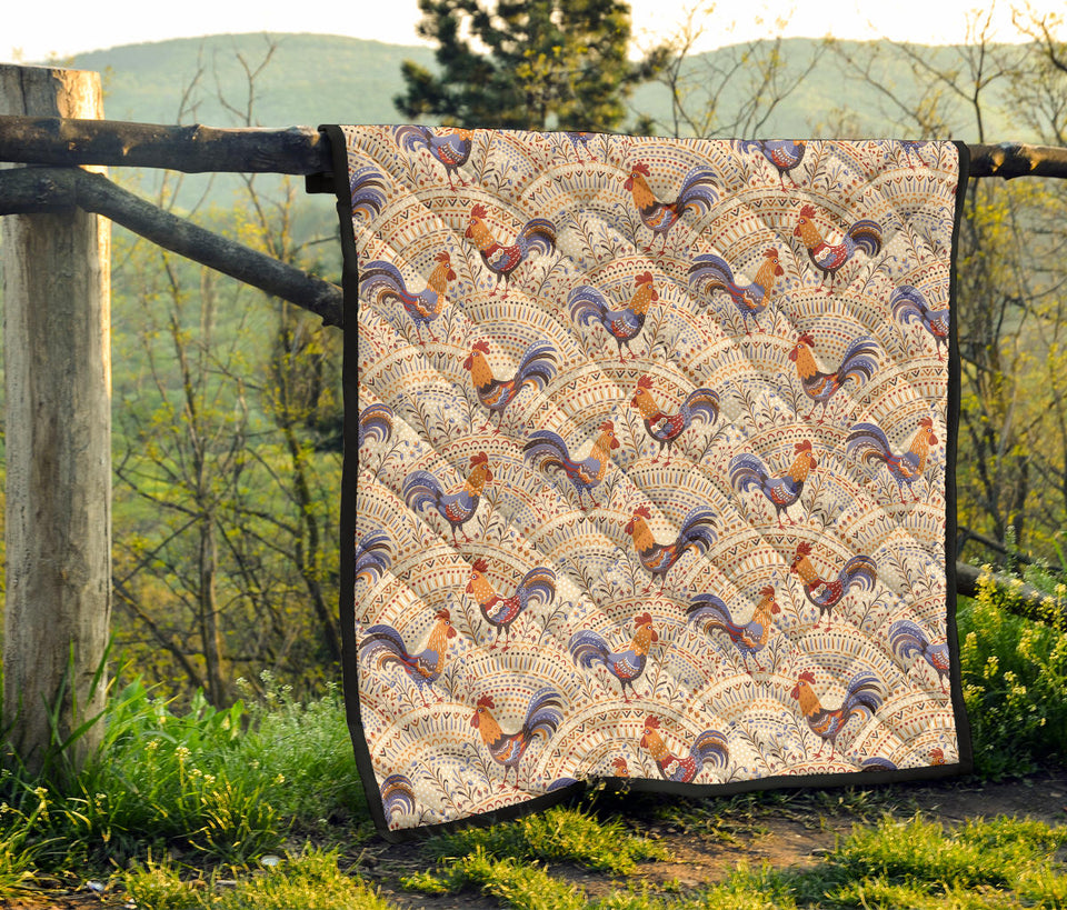 Cute Rooster Chicken Cock Floral Ornament Background Premium Quilt