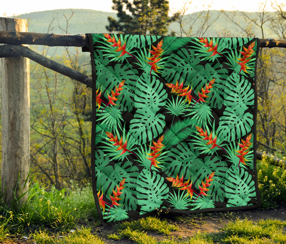 Heliconia Flower Palm Monstera Leaves Black Background Premium Quilt
