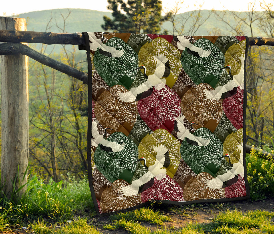 Japanese Cranes Flying Forest Dot Pattern Premium Quilt