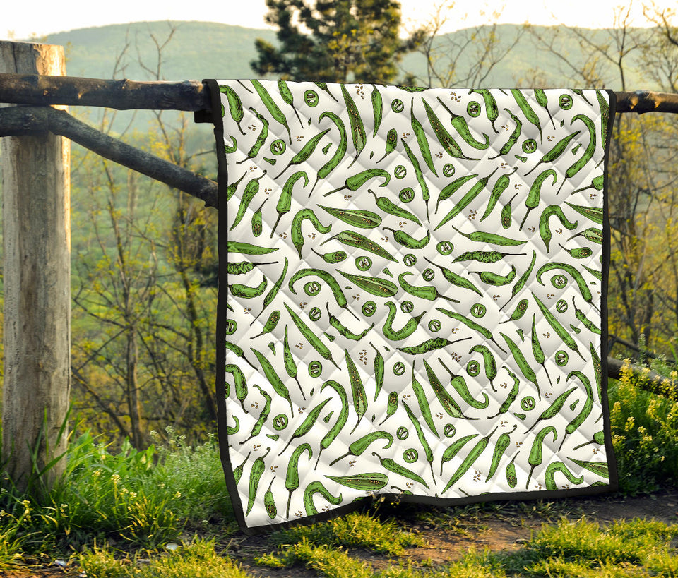 Hand Drawn Sketch Style Green Chili Peppers Pattern Premium Quilt
