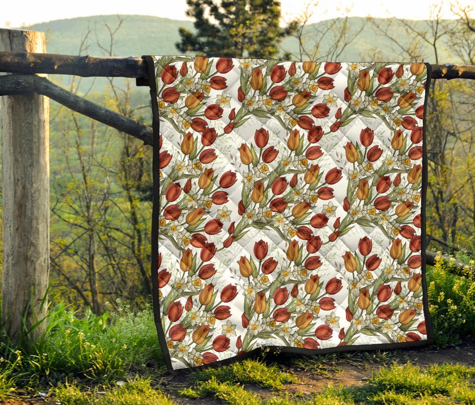 Red Tulips And Daffodils Pattern Premium Quilt