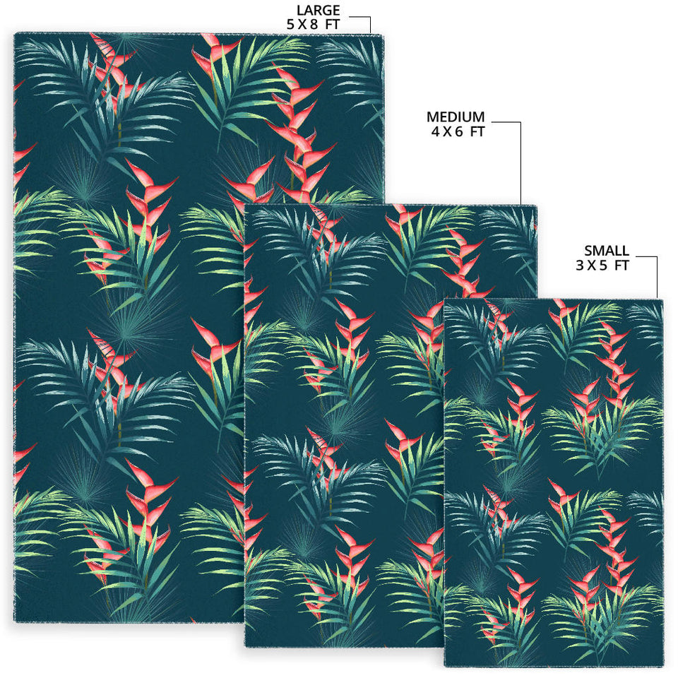 Heliconia Flowers, Palm And Monstera Leaves On Black Background Pattern Area Rug