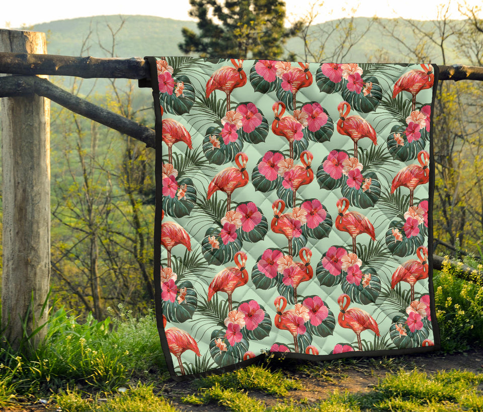 Beautiful Flamingo Tropical Palm Leaves Hibiscus Pateern Background Premium Quilt
