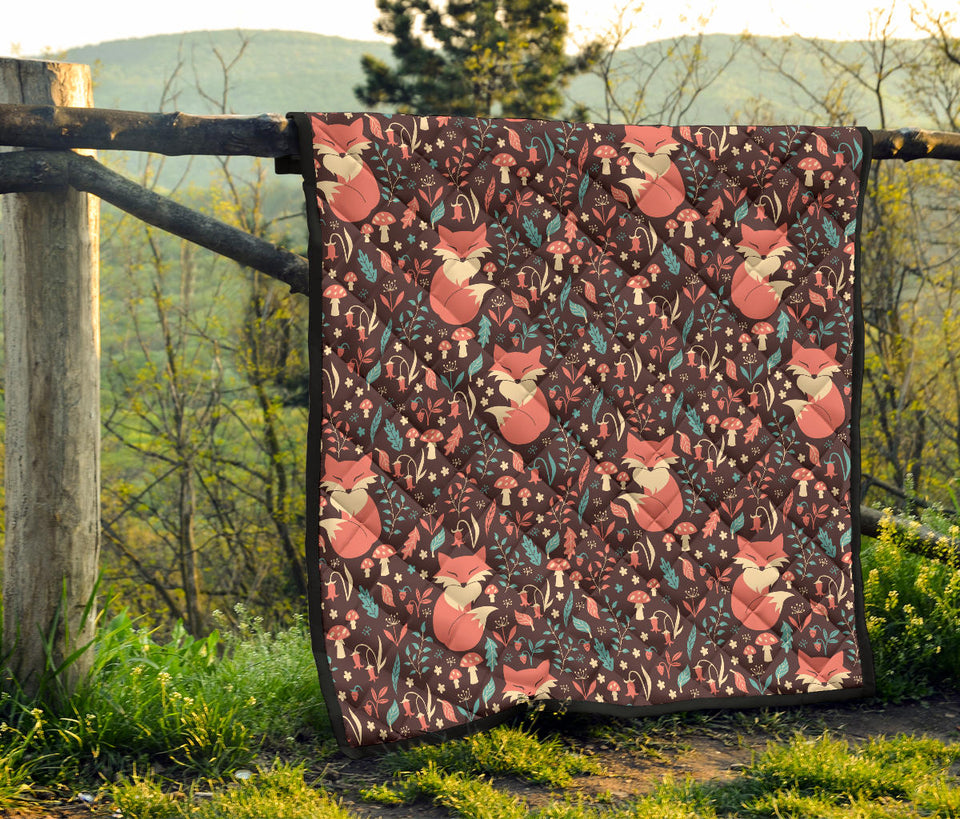 Fox Leaves Mushroom Pattern Premium Quilt