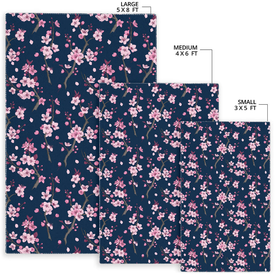 Pink Sakura Cherry Blossom Blue Background Area Rug