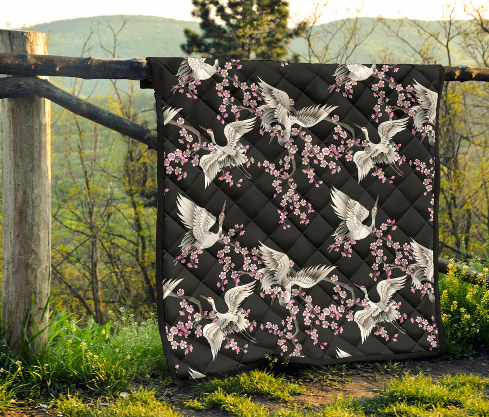Japanese Crane Pink Sakura Pattern Premium Quilt