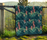 Heliconia Flowers, Palm And Monstera Leaves On Black Background Pattern Premium Quilt