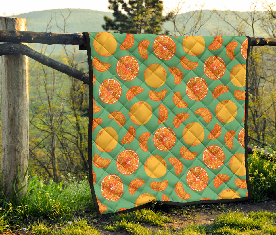 Orange Fruit Pattern Green Background Premium Quilt