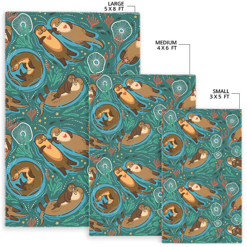Cute Brown Sea Otters Ornamental Seaweed Corals Green Water Area Rug