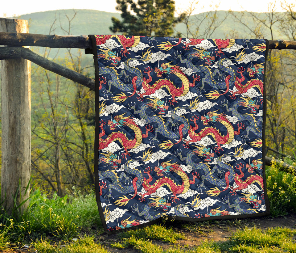 Blue Red Dragon Cloud Pattern Premium Quilt
