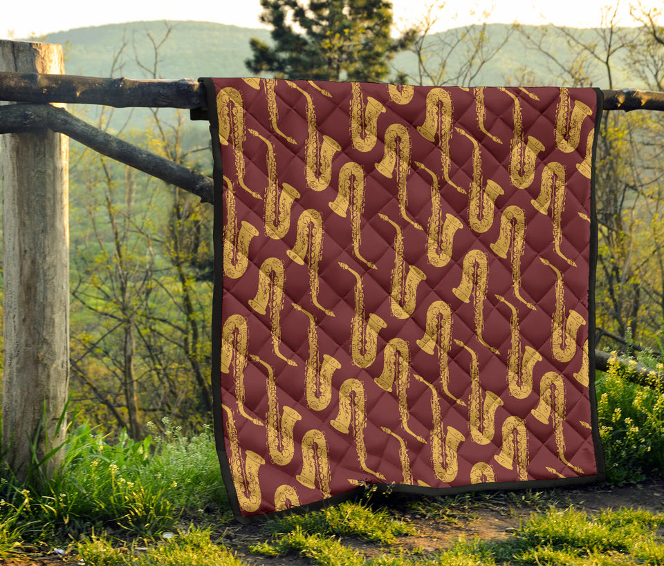Hand Drawn Gold Saxophone Red Background  Premium Quilt