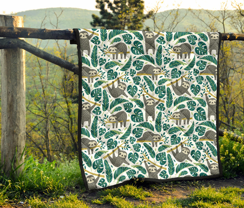 Cute Sloths Tropical Palm Leaves White Background Premium Quilt