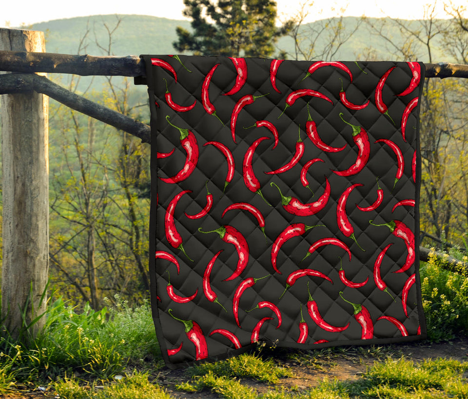 Chili Peppers Pattern Black Background Premium Quilt
