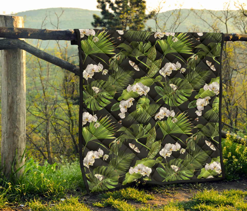 White Orchid Flower Tropical Leaves Pattern Blackground Premium Quilt