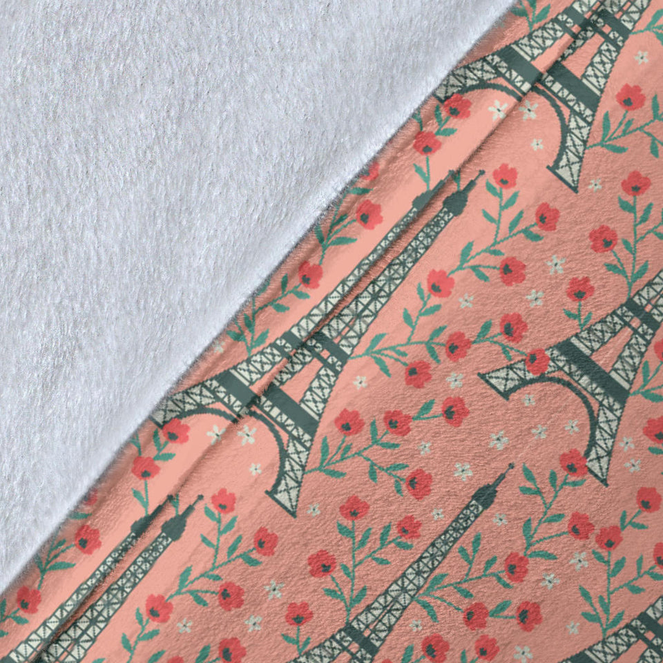 Eiffel Tower Flower Background Pattern Print Design 03 Premium Blanket