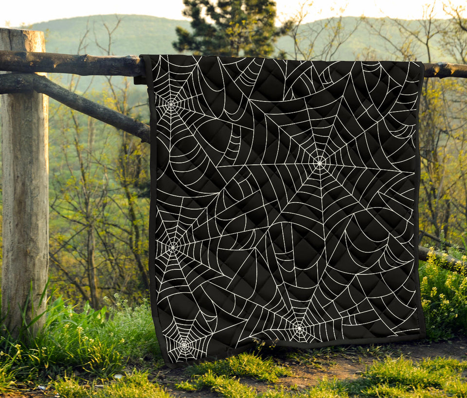 Spider Web Pattern Black Background White Cobweb Premium Quilt