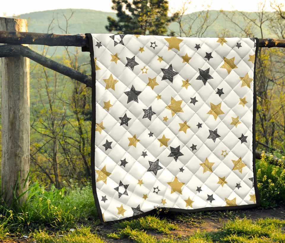 Hand Drawn Gold Black Star Pattern Premium Quilt.
