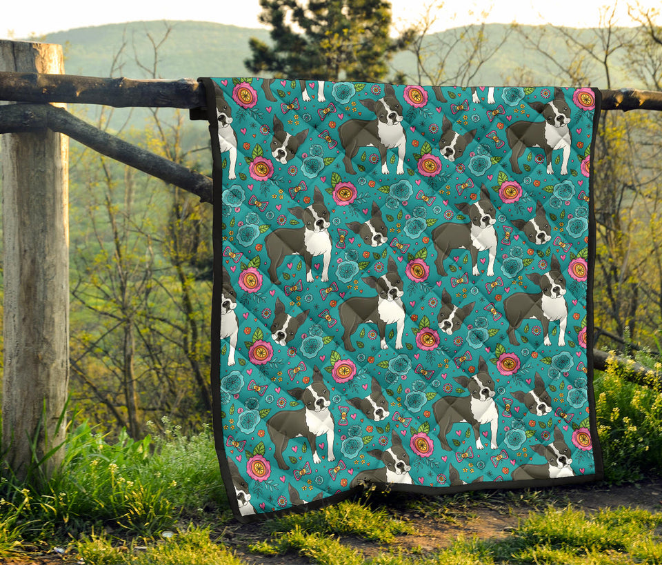 Boston Terrier Beautiful Flower Pattern Premium Quilt