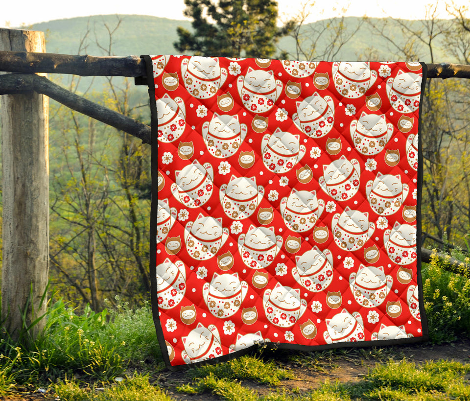 Cute Maneki Neko Lucky Cat Red Background Premium Quilt