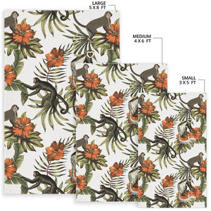 Monkey Red Hibiscus Flower Palm Leaves Floral Pattern Area Rug