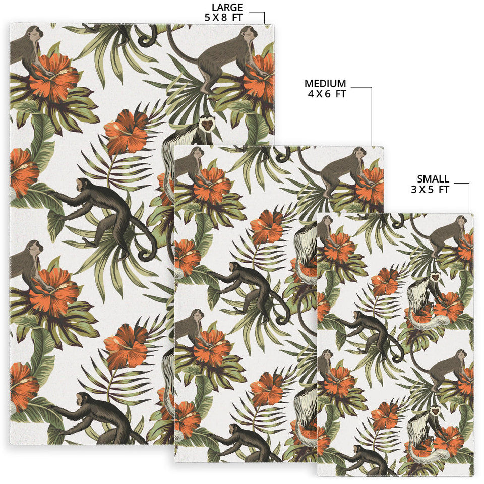 Monkey Red Hibiscus Flower Palm Leaves Floral Pattern Area Rug