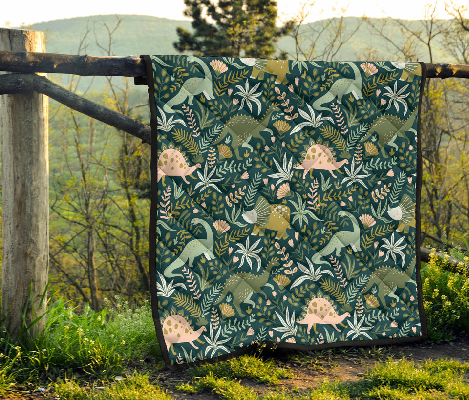Dinosaurs Tropical Leaves Flower Pattern Premium Quilt