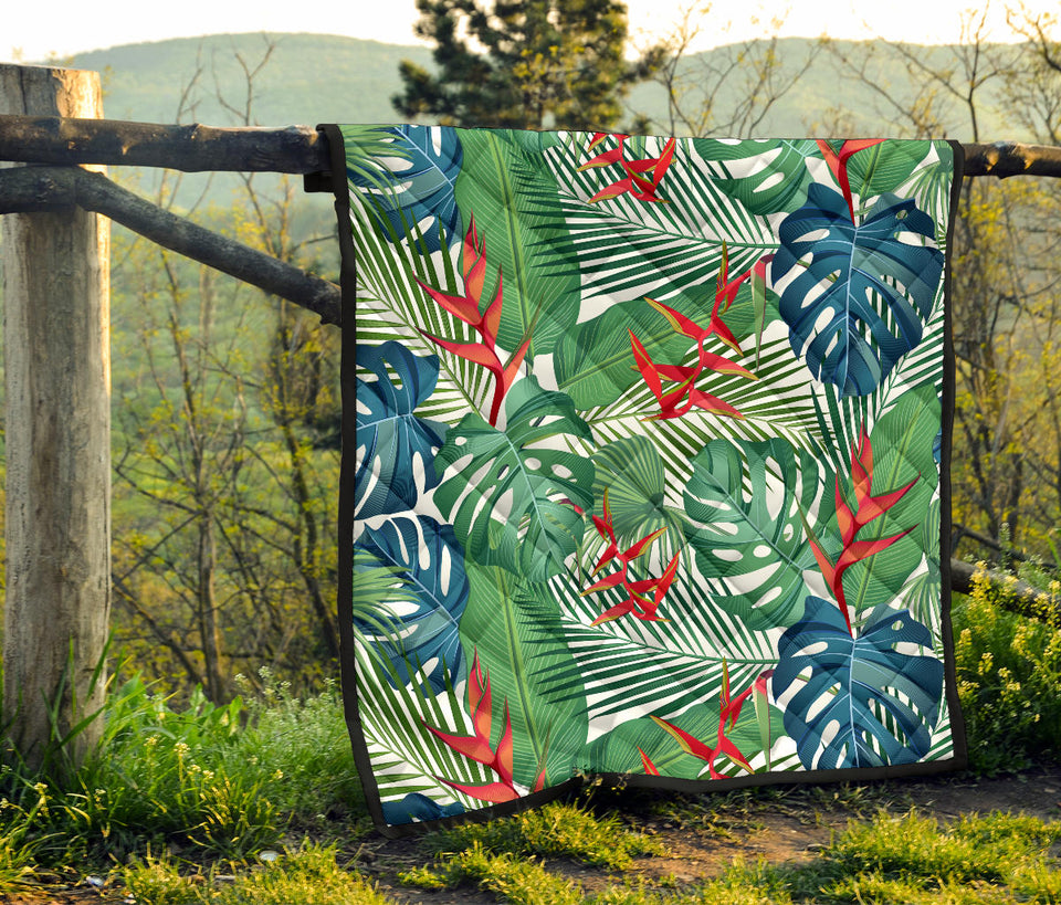 Heliconia Palm And Monstera  Leaves Pattern Premium Quilt