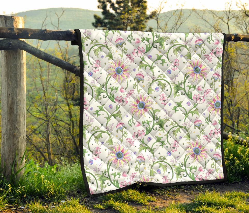 Beautiful Pink Lotus Waterlily Leaves Pattern Premium Quilt