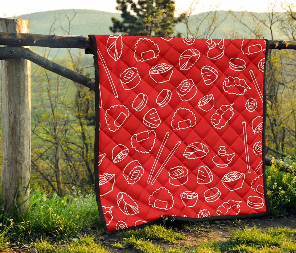 Sushi Pattern Red Background Premium Quilt