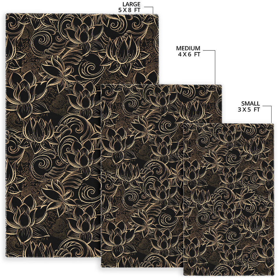 Luxurious Gold Lotus Waterlily Black Background Area Rug