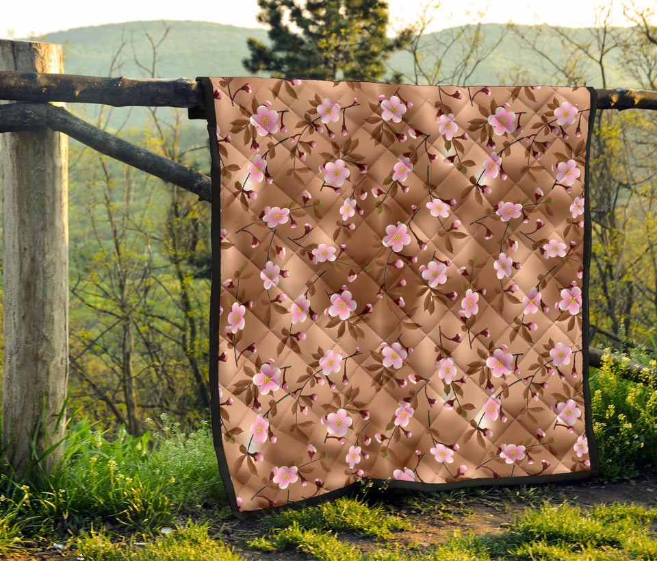Pink Sakura Cherry Blossom Drak Brown Background Premium Quilt