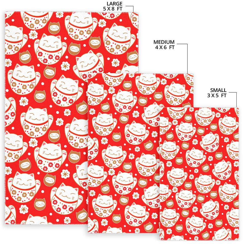 Cute Maneki Neko Lucky Cat Red Background Area Rug