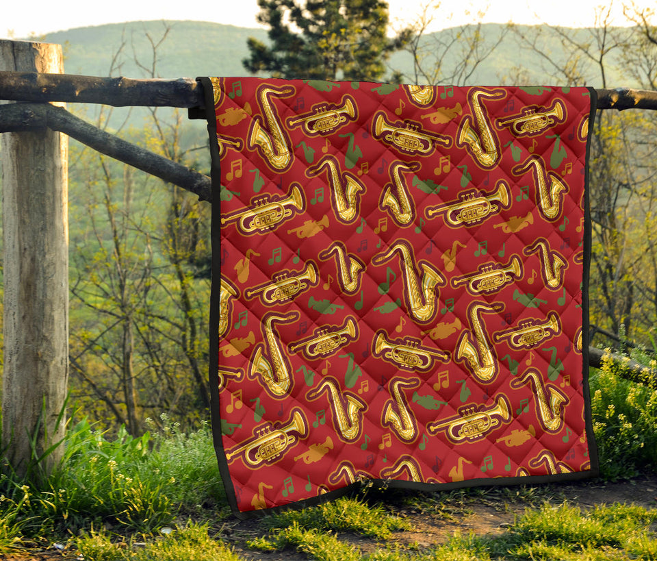 Saxophone Cornet Pattern Red Background Premium Quilt