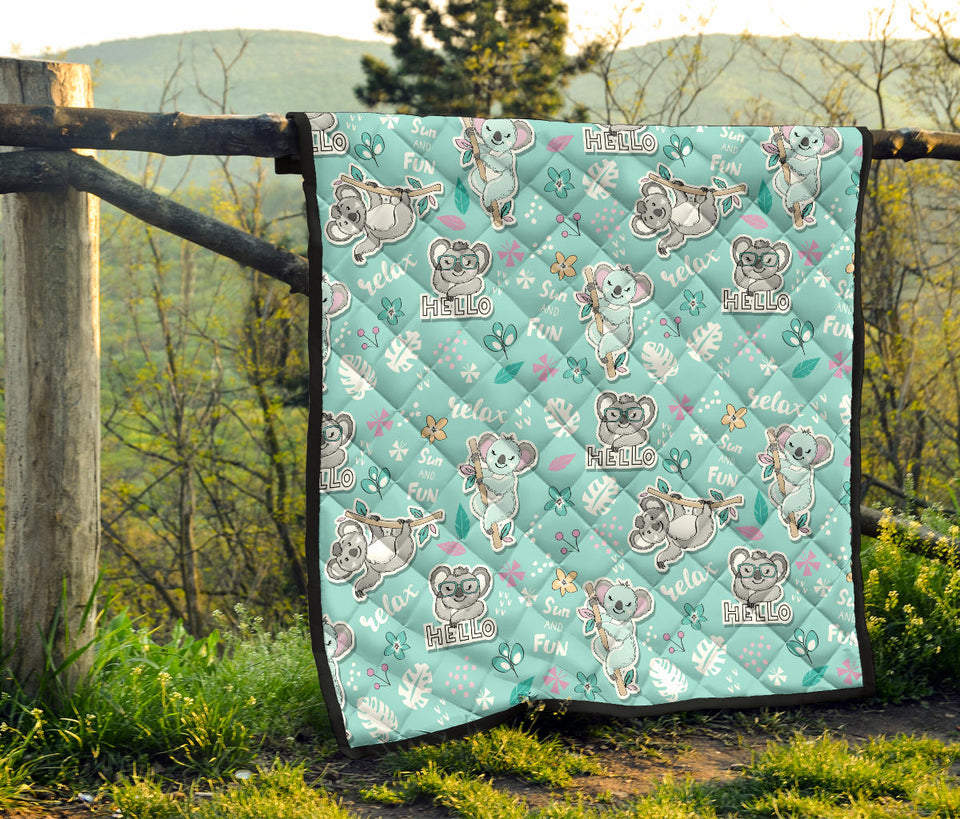 Cute Koalas Blue Background Pattern Premium Quilt