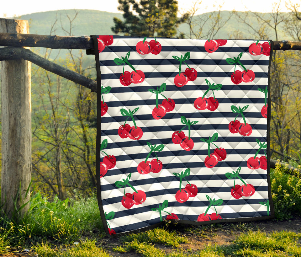 Hand Drawn Cherry Pattern Striped Background Premium Quilt