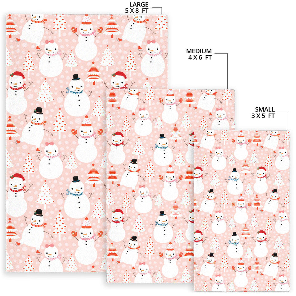 Cute Snowman Christmas Tree Snowpink Background Area Rug