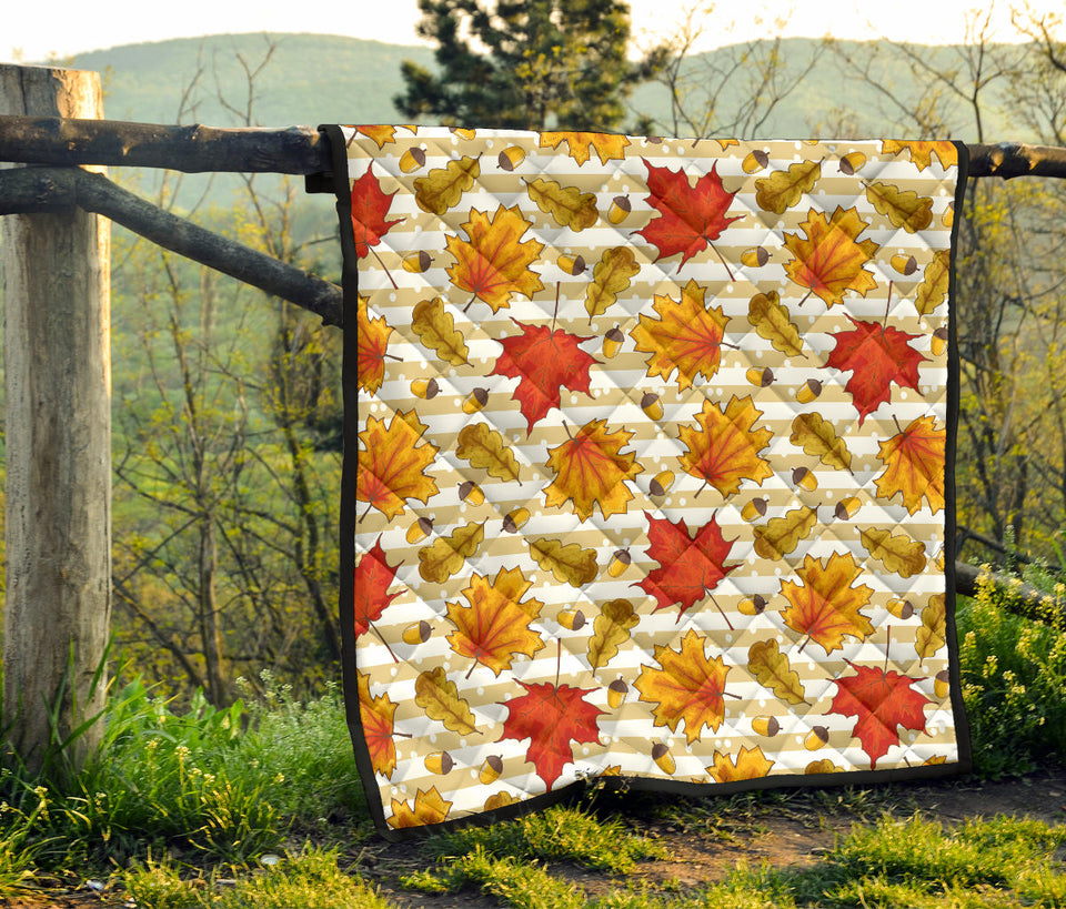 Maple Leaf Oak Leaf Acorns Beige Striped Background Premium Quilt
