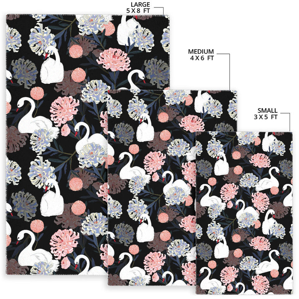 White Swan Blooming Flower Pattern Area Rug
