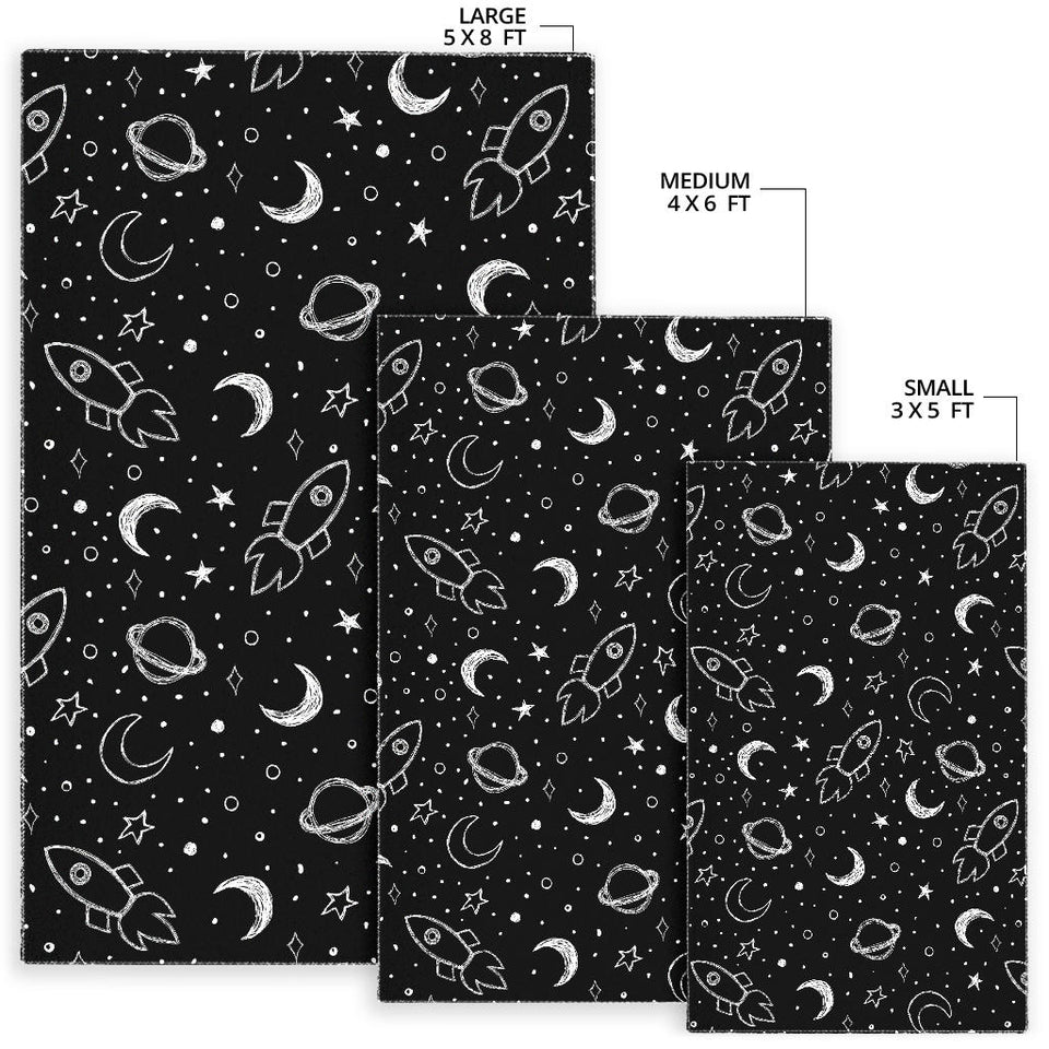 Hand Drawn Space Rocket Star Planet Area Rug