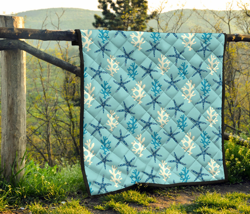 Blue Starfish Coral Reef Pattern Premium Quilt