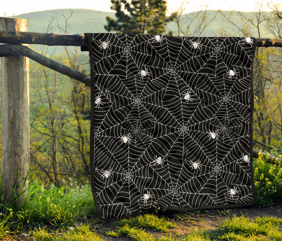 Spider Web Design Pattern Black Background White Cobweb Premium Quilt