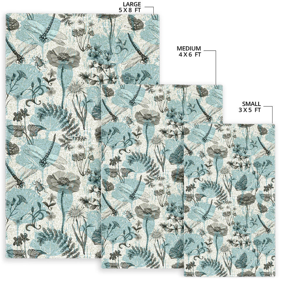 Dragonfly Butterfly Plants Insect Flower Vintage Style Pattern Area Rug