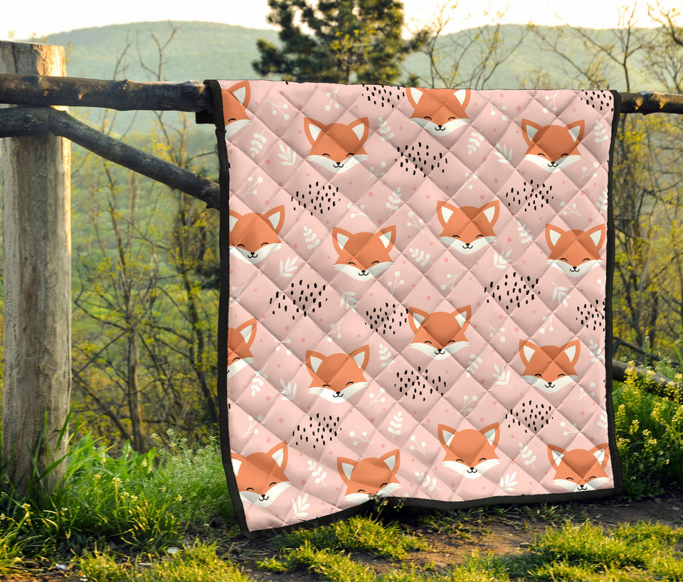 Cute Fox Pattern Pink Background Premium Quilt