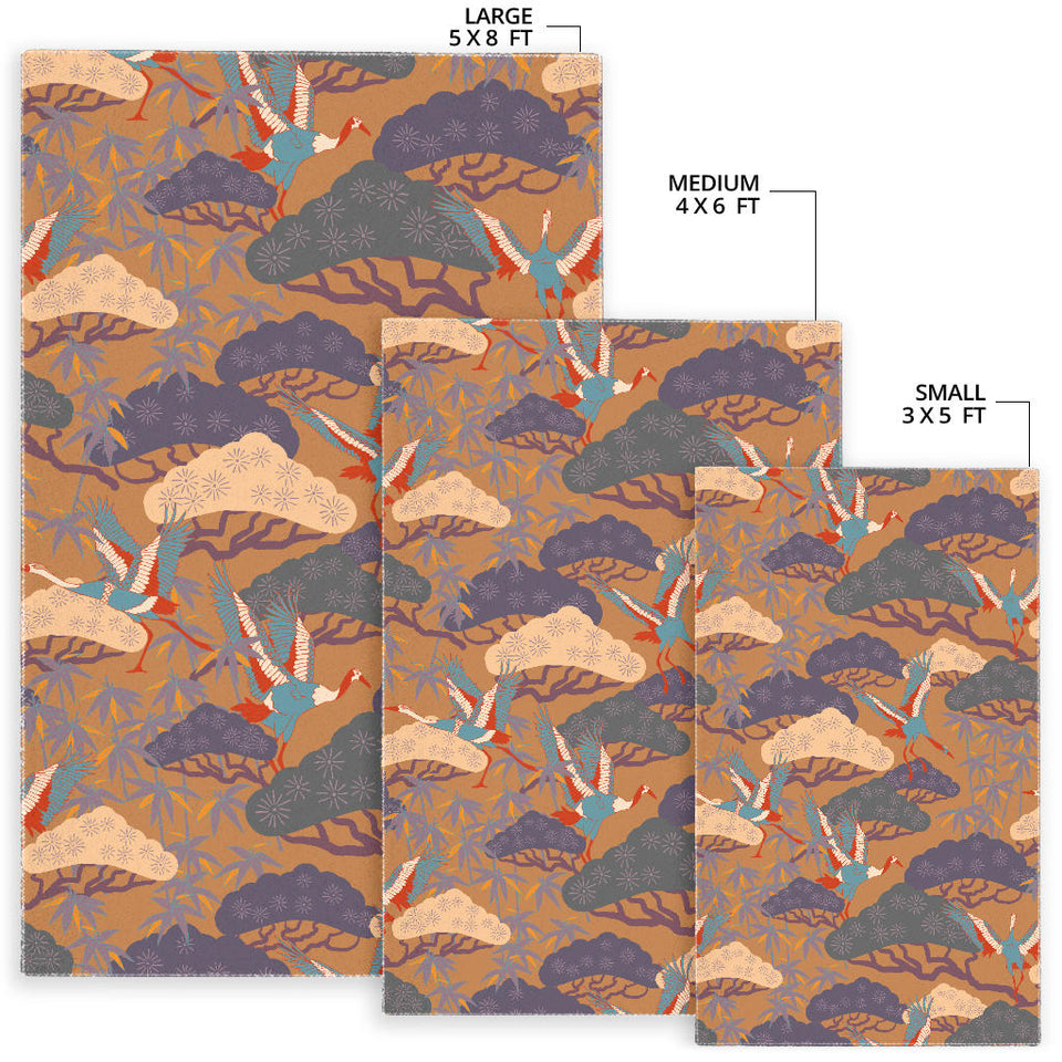 Bonsai Bamboo Stork Japanese Pattern Brown Theme Area Rug