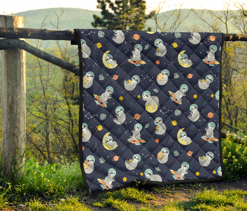 Cute Sloth Astronaut Star Planet Rocket Pattern Premium Quilt