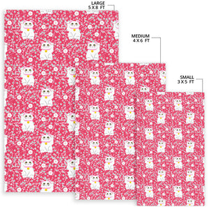 Maneki Neko Lucky Cat Sakura Pink Background Area Rug